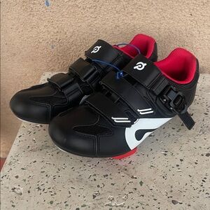 Peloton Black Cycling Shoes with White and Pink Accents
